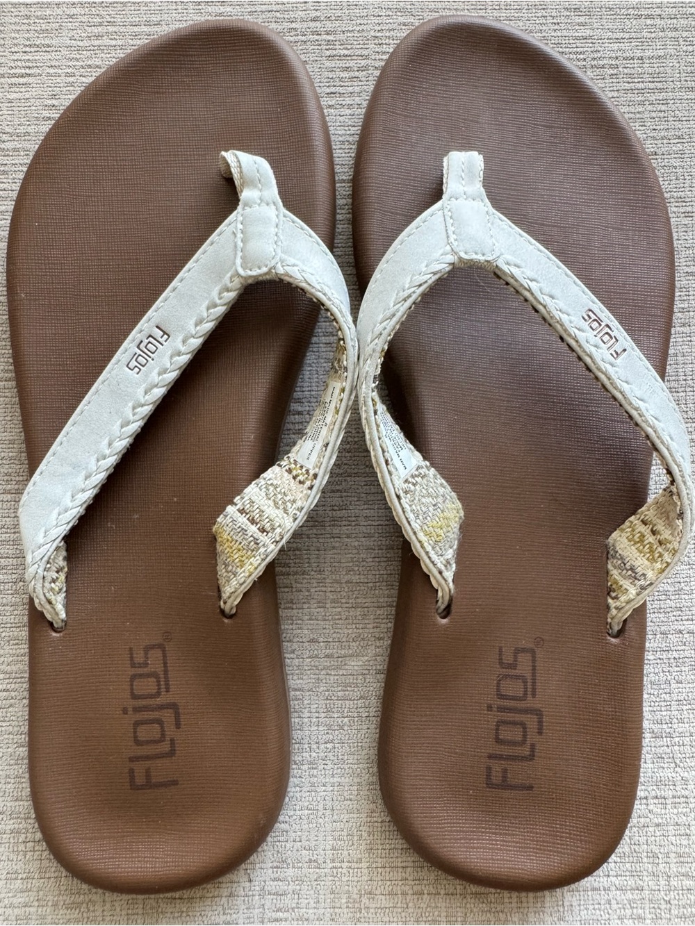 Flojos Women's Brown White Flip Flop Sandals Braided Woven Strap Size: 8 - Picture 2 of 5
